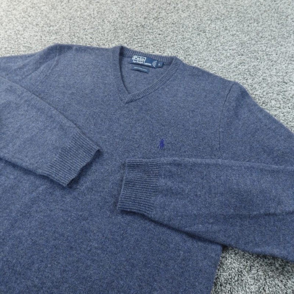 VTG Polo Ralph Lauren Sweater Mens L Blue Lambswool V Neck Pullover Knit Pony